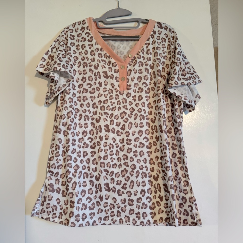 NWOT Leopard Print V-Neck Top with Coral Trim